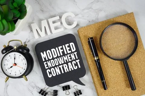 MEC Modified Endowment Contract text with alarm clock and magnifying glass .. Stock Photos