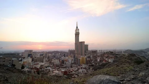 Mecca city timelapse - Clock Tower - Masjid Al Haram Maghreb Azan time laps.. Stock Footage 233459780
