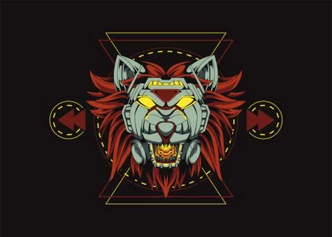 Mecha Lion Vector Template. Illustration of a Roaring Lion Mecha with Sacred  Иллюстрация