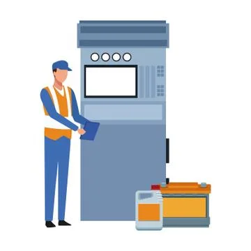 Mechanic with battery and scanner machine, colorful design Stock Illustration