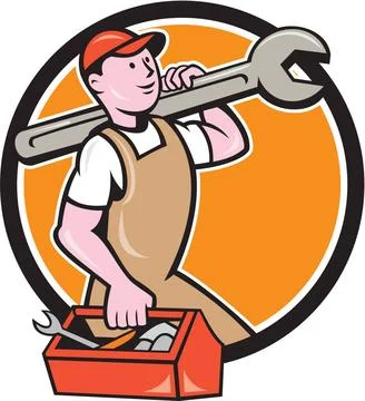 Mechanic Carrying Spanner Toolbox Circle Cartoon Illustration of a mechani... Stock Photos