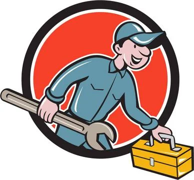 Mechanic Carrying Toolbox Spanner Circle Cartoon Illustration of a mechani... Stock Photos
