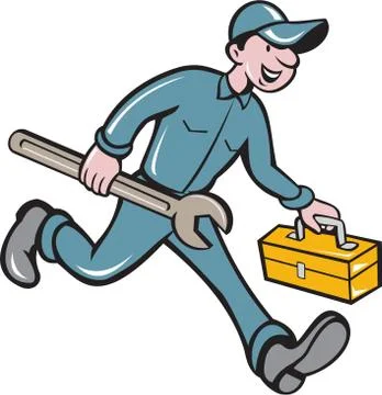 Mechanic Carrying Toolbox Spanner Isolated Cartoon Stock Illustration