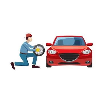 Mechanic changing wheel on red car icon Ilustración de archivo