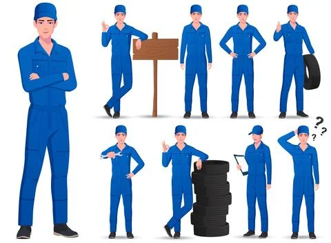 Mechanic Character Set, Mechanical Engineer In Various Poses Stock Illustration