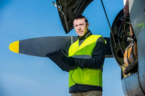Mechanic checking airplane's engine Stock Photos