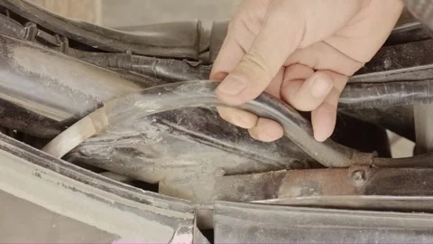 Mechanic checking dirty motorcycle wiring harness close-up Video stock 320128895