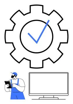Mechanic Checking Tablet in Front of Gear with Checkmark Icon, Large Monito.. Illustrazione stock