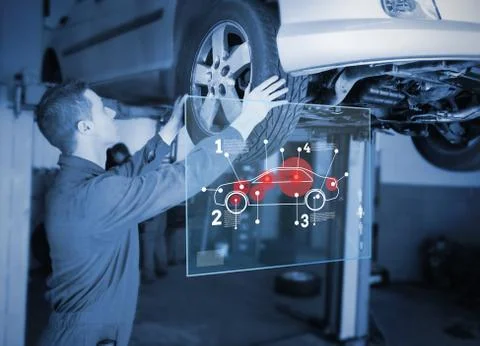 Mechanic checking wheel of a car while looking interface Stock Illustration