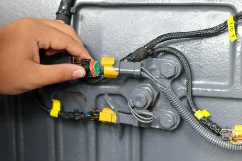 Mechanic connecting electrical wire harness connector. Stock Photos