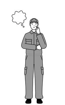 A mechanic in coveralls thinking while scratching his face. Stock Illustration