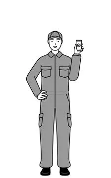 A mechanic in coveralls using a smartphone at work. Stock Illustration