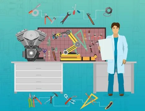Mechanic developer in science and technology laboratory. Scientist workplace Illustrazione stock