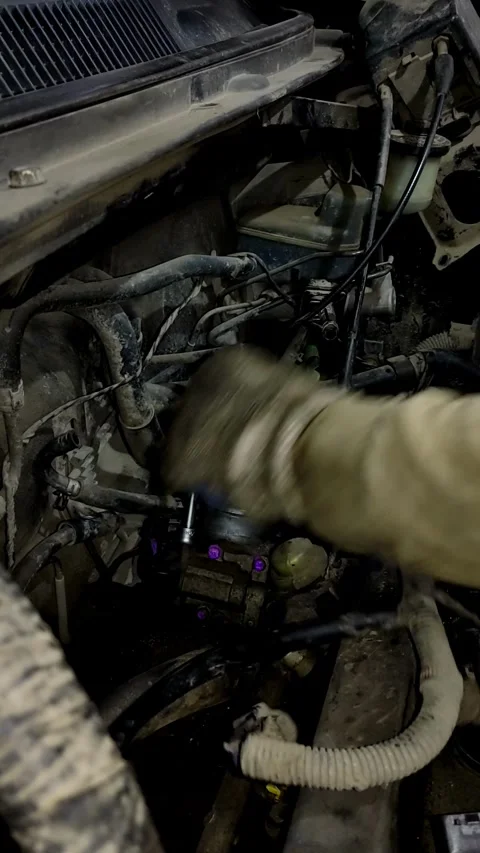 A mechanic disassembles various parts inside an open car engine. Stock Footage 338364878