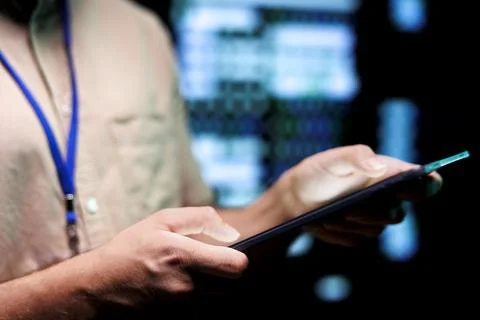 Mechanic does server system scan Stock Photos