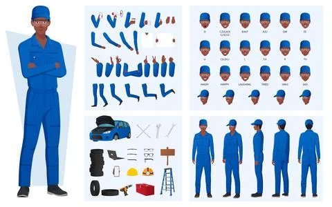 Mechanic Engineer Character Creation And Animation Pack. Black Mechanic Stock Illustration