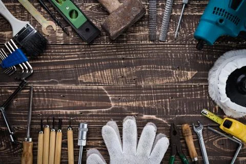 Mechanic equipment tool on table top view 写真素材