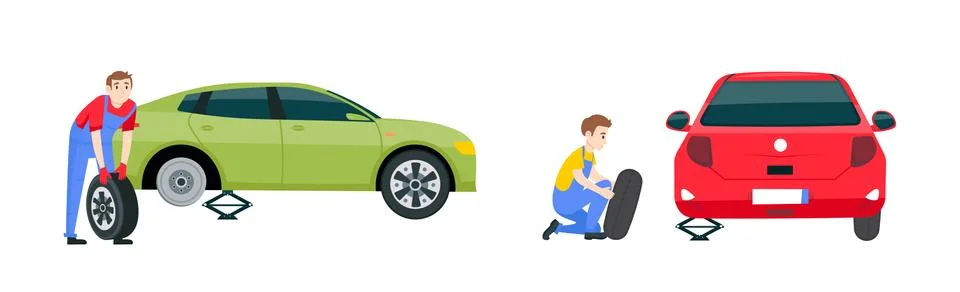 Mechanic in a garage set Stock Illustration