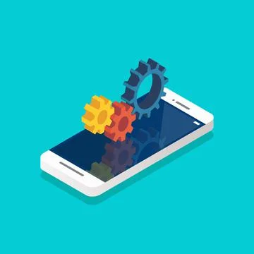 Mechanic gears on the smartphone screen isometric Stock Illustration