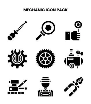 Mechanic Glyph Set Icons Pack Stock Illustration