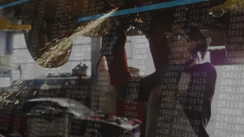 Mechanic grinding rust under lift using angle grinder and sending sparks as code Stock Footage 328589395