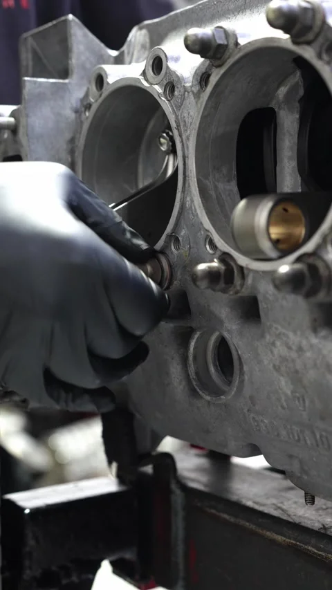 Mechanic Hand Tightens Engine Block Bolts in Garage Assembly 動画素材 322891588