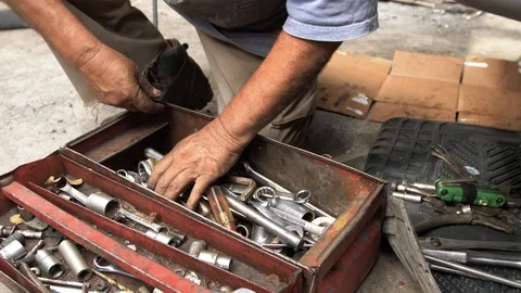 Mechanic hand in the toolbox Stock Footage