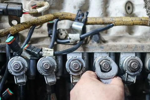 Mechanic Hand Using Open Wrench on Transmission Solenoid Valve. Stock Photos