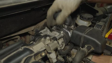 Mechanic hands in gloves inspecting a clean car throttle body valve. Stock Footage 340559058