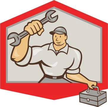 Mechanic hold spanner wrench toolbox shield. Stock Illustration