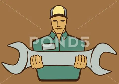 Mechanic Holding Spanner Stock Illustration
