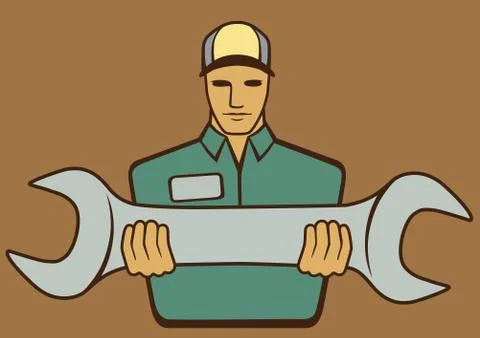 Mechanic Holding Spanner Stock Illustration