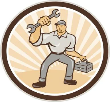 Mechanic holding spanner wrench toolbox cartoon. Stock Illustration