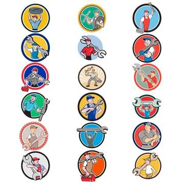  Mechanic Icon Circle Set Set or Collection of cartoon character icon styl... Foto stock