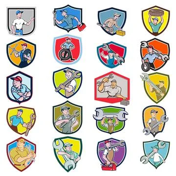  Mechanic Icon Crest Set Set or Collection of cartoon character icon style... Stock Photos
