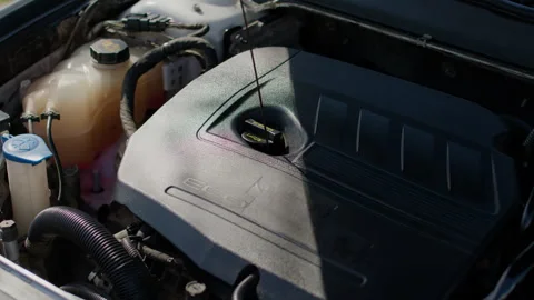 Mechanic inspecting engine oil level with dipstick, standing beside open car 스톡 동영상 312517846