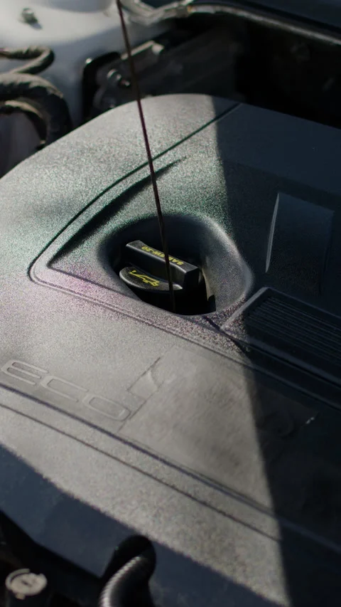 Mechanic inspecting engine oil level with dipstick, standing beside open car Stock Footage 318346237