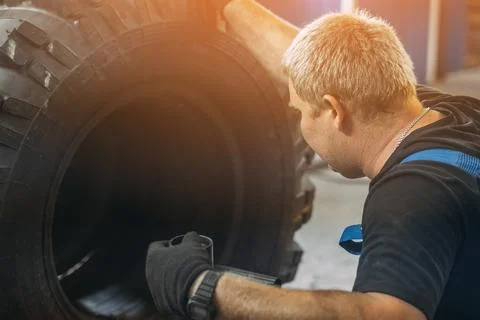 Mechanic Inspecting Large Tire in Workshop Environment Stock Photos