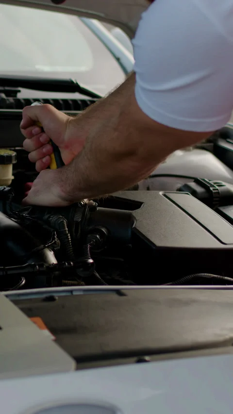 Mechanic inspecting vehicle performance data on laptop placed near engine Stock Footage 320394106