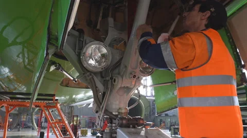 A mechanic inspects front strut passenger aircraft. 4K Stock Footage 95646870