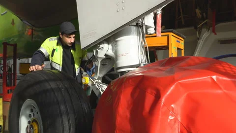 A mechanic inspects front strut passenger aircraft. 4K Stock Footage 95653139