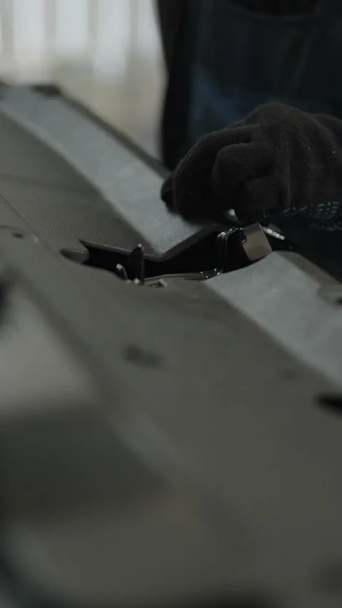 A mechanic installing a black plastic car bumper trim component Stock Footage 336711011