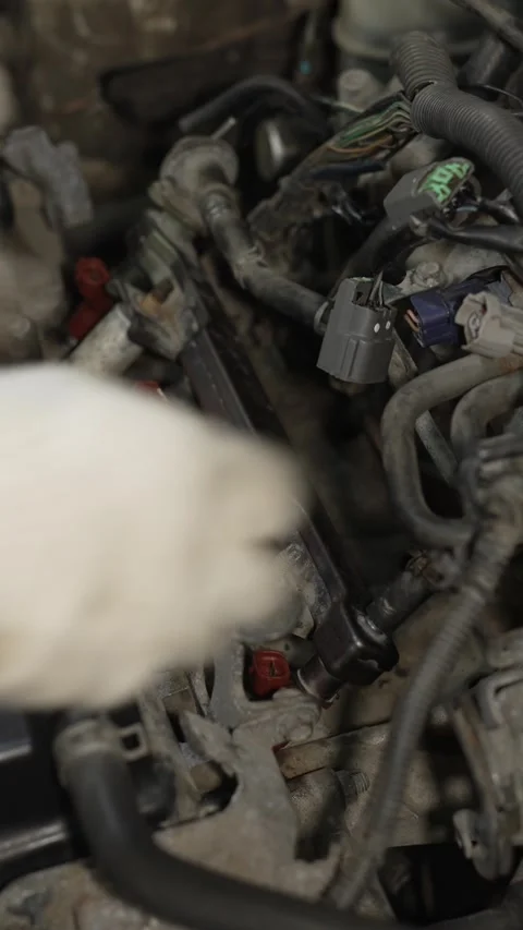 A mechanic installing a fuel rail with injectors into engine. Stock Footage 342259170