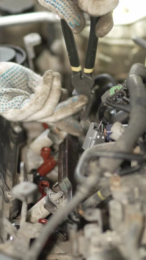 A mechanic installing a fuel rail with injectors into engine. Stock-Footage 342259218