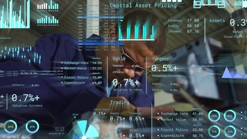 Mechanic leaning into open engine bay tightening part, finance HUD overlaying 스톡 동영상 334321941