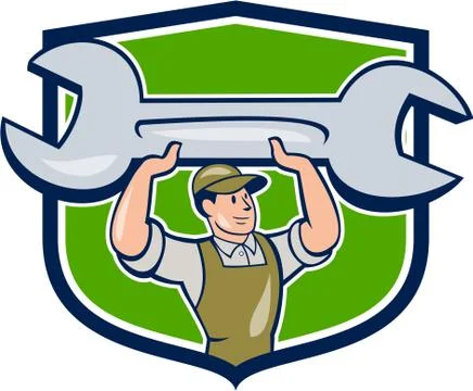 Mechanic Lifting Spanner Wrench Shield Cartoon Stock Illustration