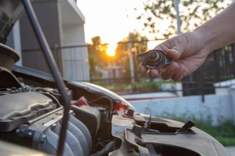 Mechanic man checking car engine radiator cooling tank water level..Hand hold Stock Photos