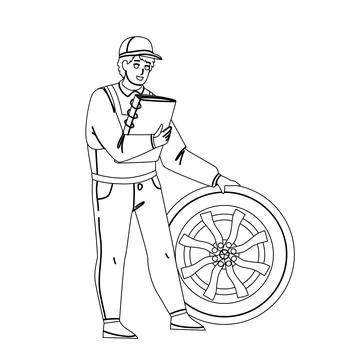 Mechanic Man Repair Flat Tire Car Wheel Vector Stock Illustration