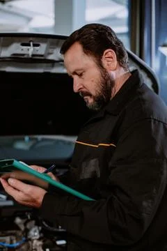 Mechanic man in a uniform write the problem of the car in a map in the modern Stock Photos