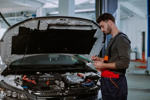 Mechanic man in a uniform write the problem of the car in a map in the modern Stock Photos